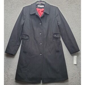 Larry Levine Coat Womens L Black Wool Blend Single Vented Collared Button Front